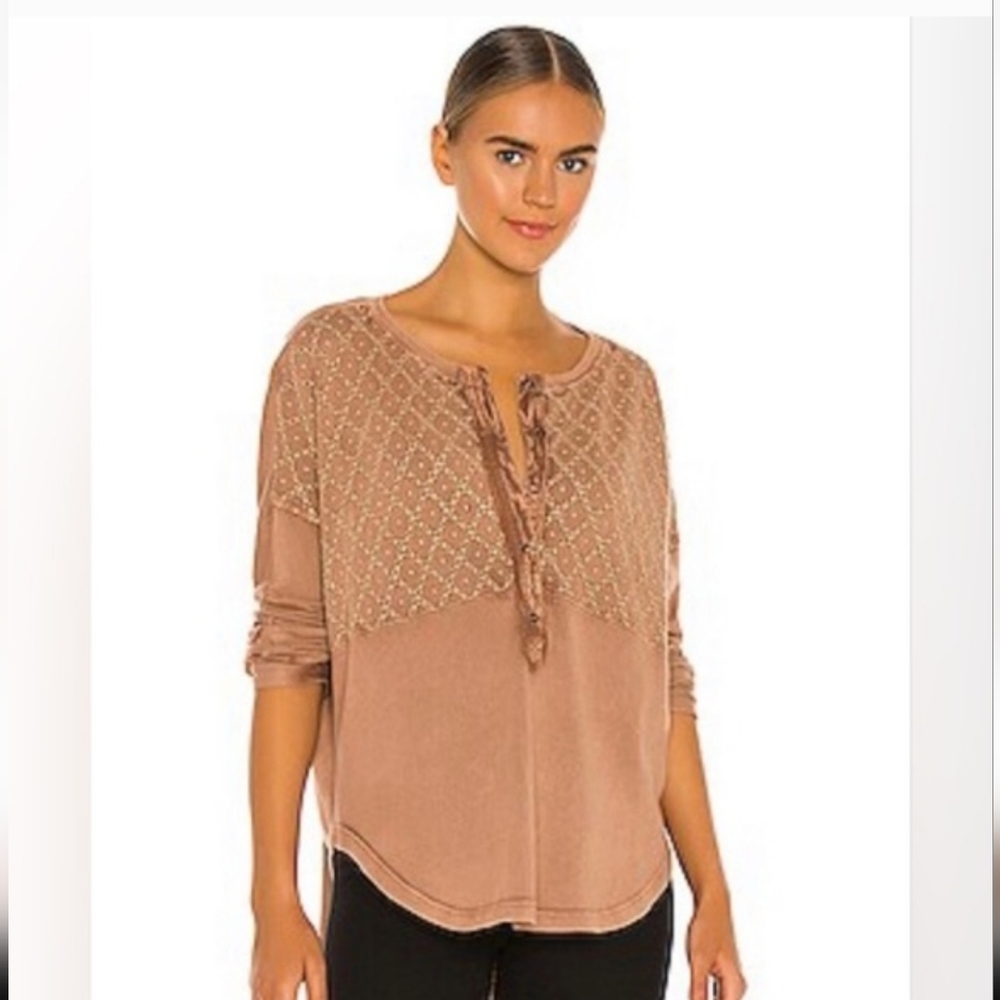 Free People Spirit Henley Top Embroidered Hi Low Button Oversized Tunic Large